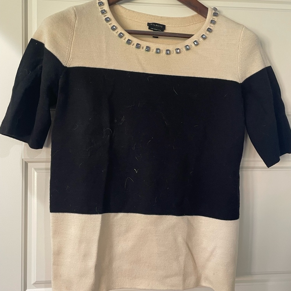 Talbots Black and Cream Short Sleeve Top with Embellished Neckline
